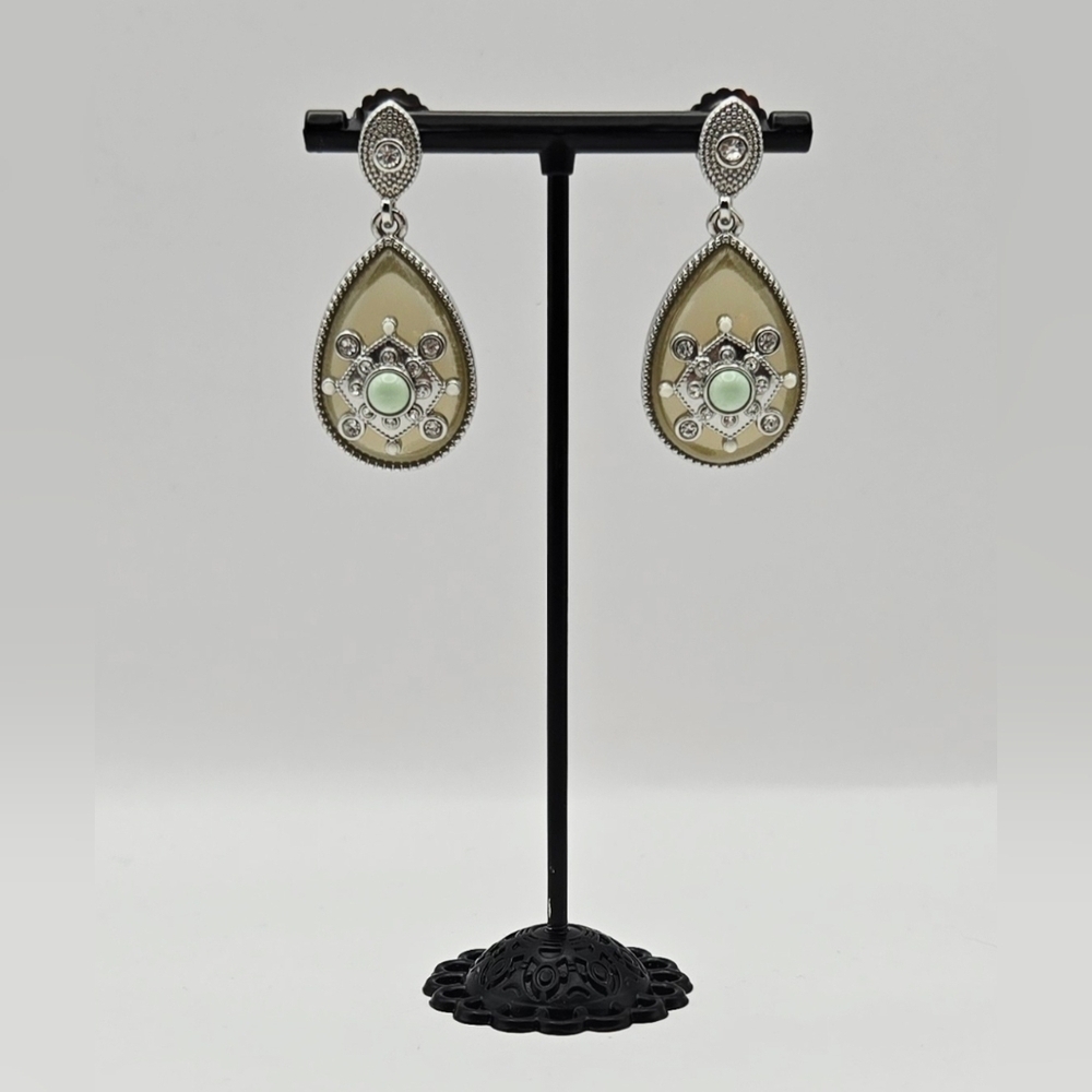 Lia Sophia Teardrop Mint & Taupe Crystal Earrings Silver Tone Dangle